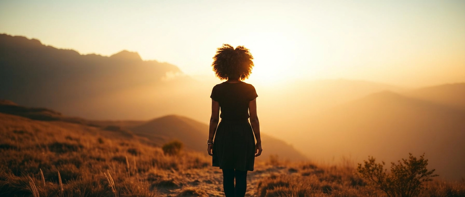Woman walking toward sunrise over a mountain ridge