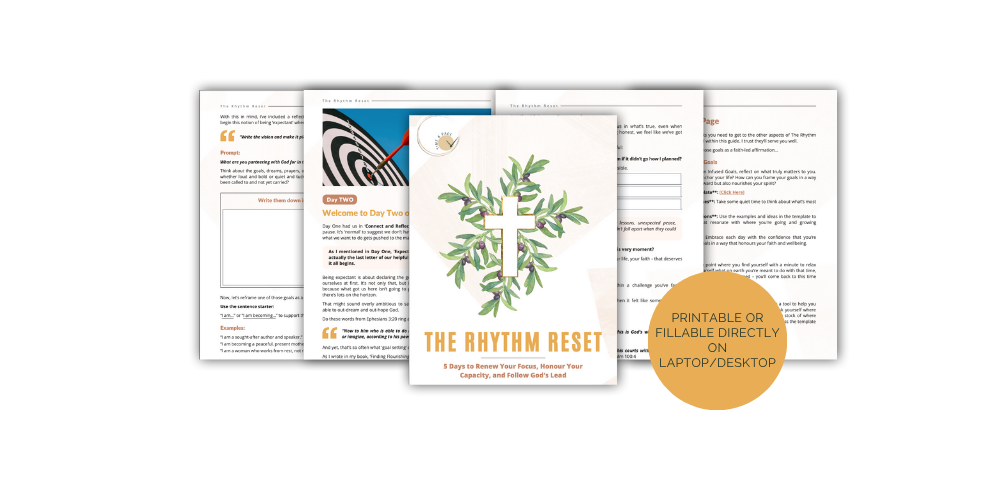 The Rhythm Reset workbook, audio and email mockups